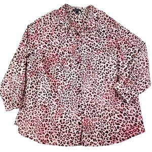 Roamans ~Woman Plus Size 32 W~ Pink/Brown Animal Print Button-Up Shirt Blouse LS